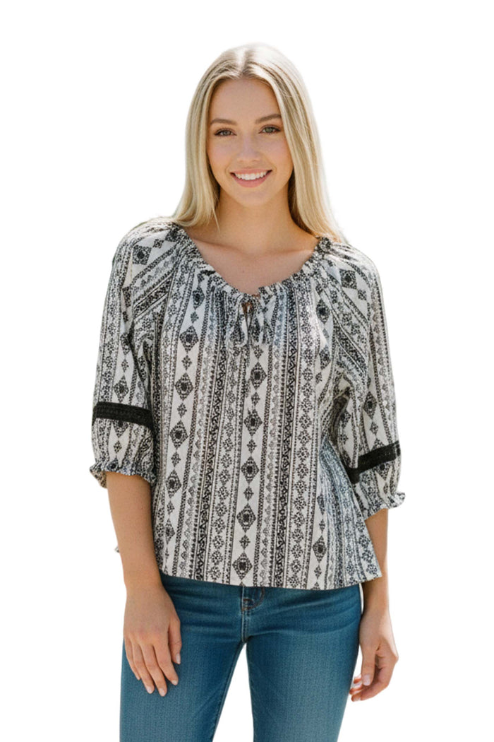 Women's 3/4 Sleeves Drawstring Tribal Print Peasant Top