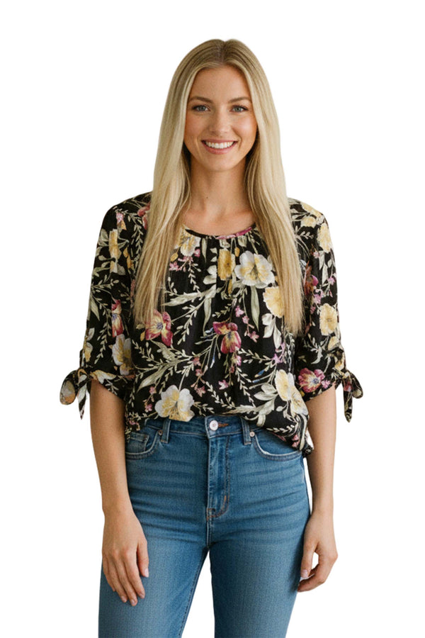 Women's Half Sleeve Round Neck Tie Floral Peasant Blouse