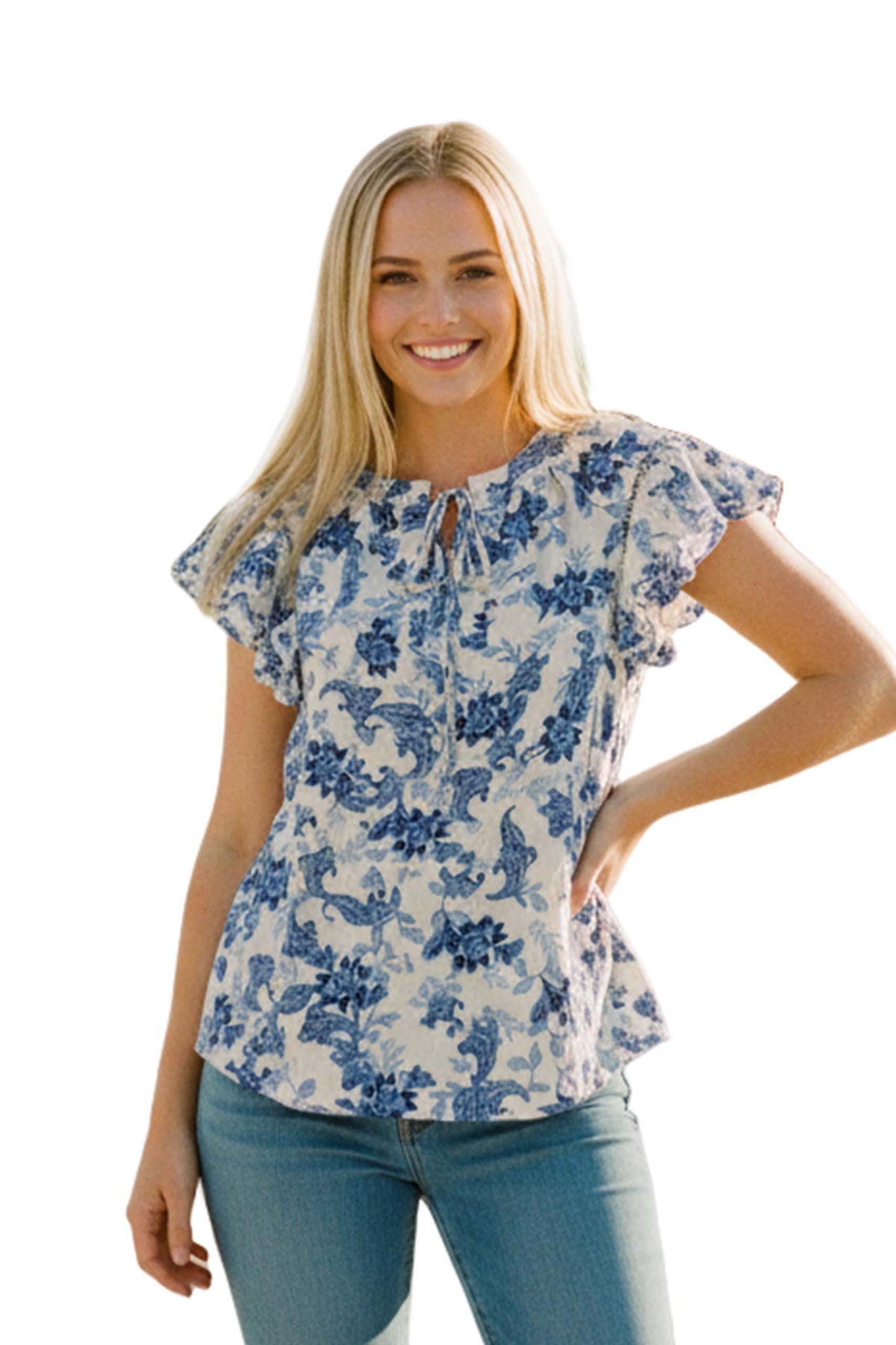 Women's Flutter Sleeve Split Neck Tie Front Floral Top