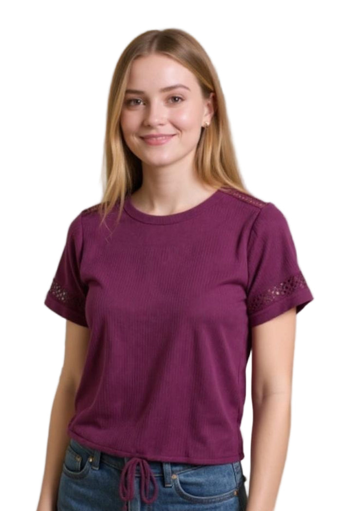 Women's Lace Short Sleeve Drawstring Hem Ribbed Top