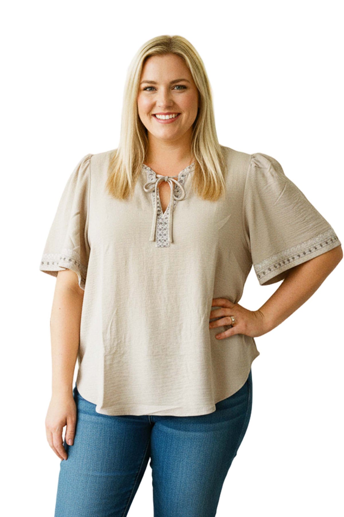 Women's Plus Short Sleeve Drawstring Lace Embroidered Trim Blouse