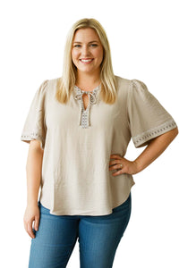 Women's Plus Short Sleeve Drawstring Lace Embroidered Trim Blouse