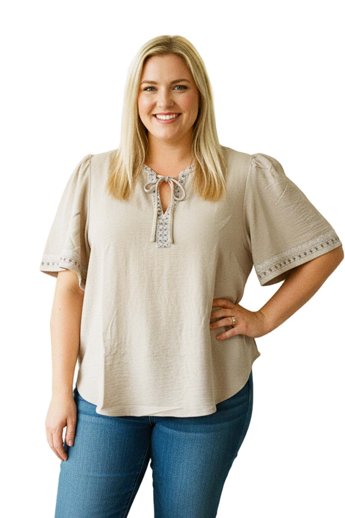 Women's Plus Short Sleeve Drawstring Lace Embroidered Trim Blouse