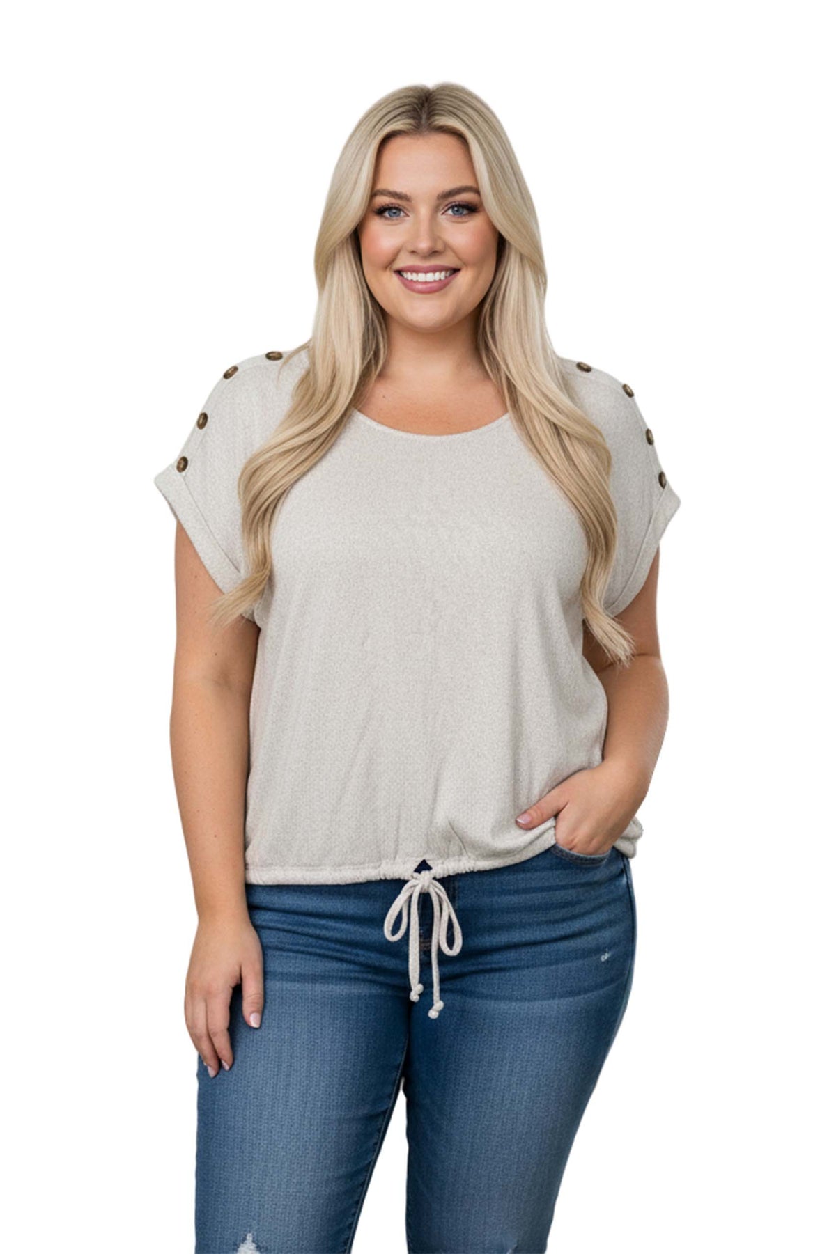 Women's Plus Short Sleeve Crew Neck Button Trim Textured Top