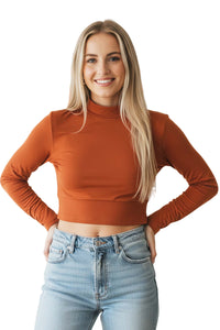 Women's Long Sleeves Mock Neck Solid Crop Top