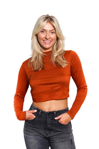 Women's Long Sleeves Mock Neck Solid Crop Top