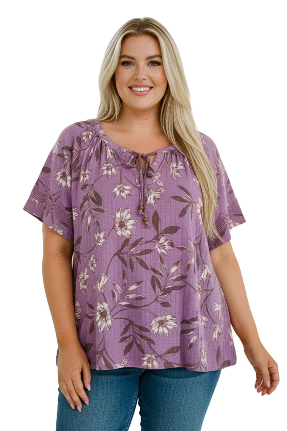 Women's Plus Short Sleeve Drawstring V Neck Print Lace Trim Top