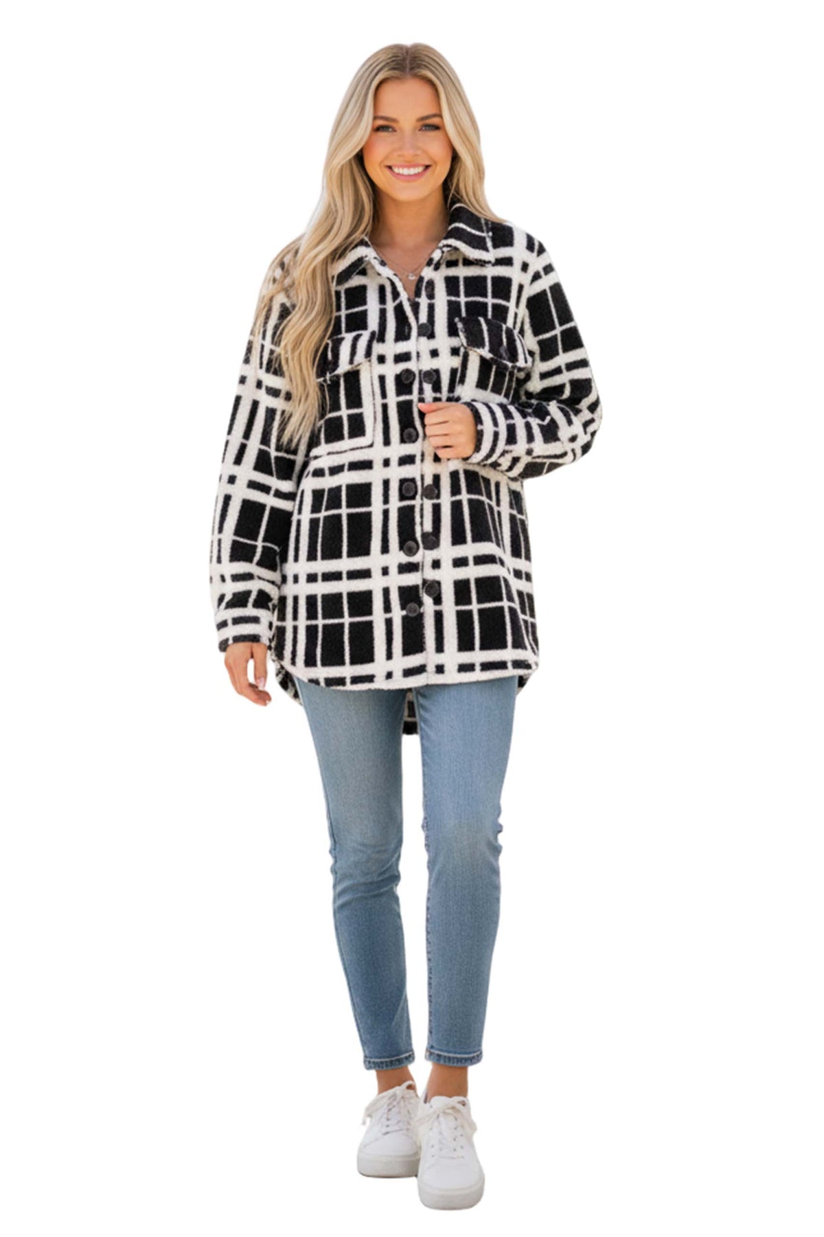 Women's Long Sleeve Button Down Pocket Fleece Plaid Shacket