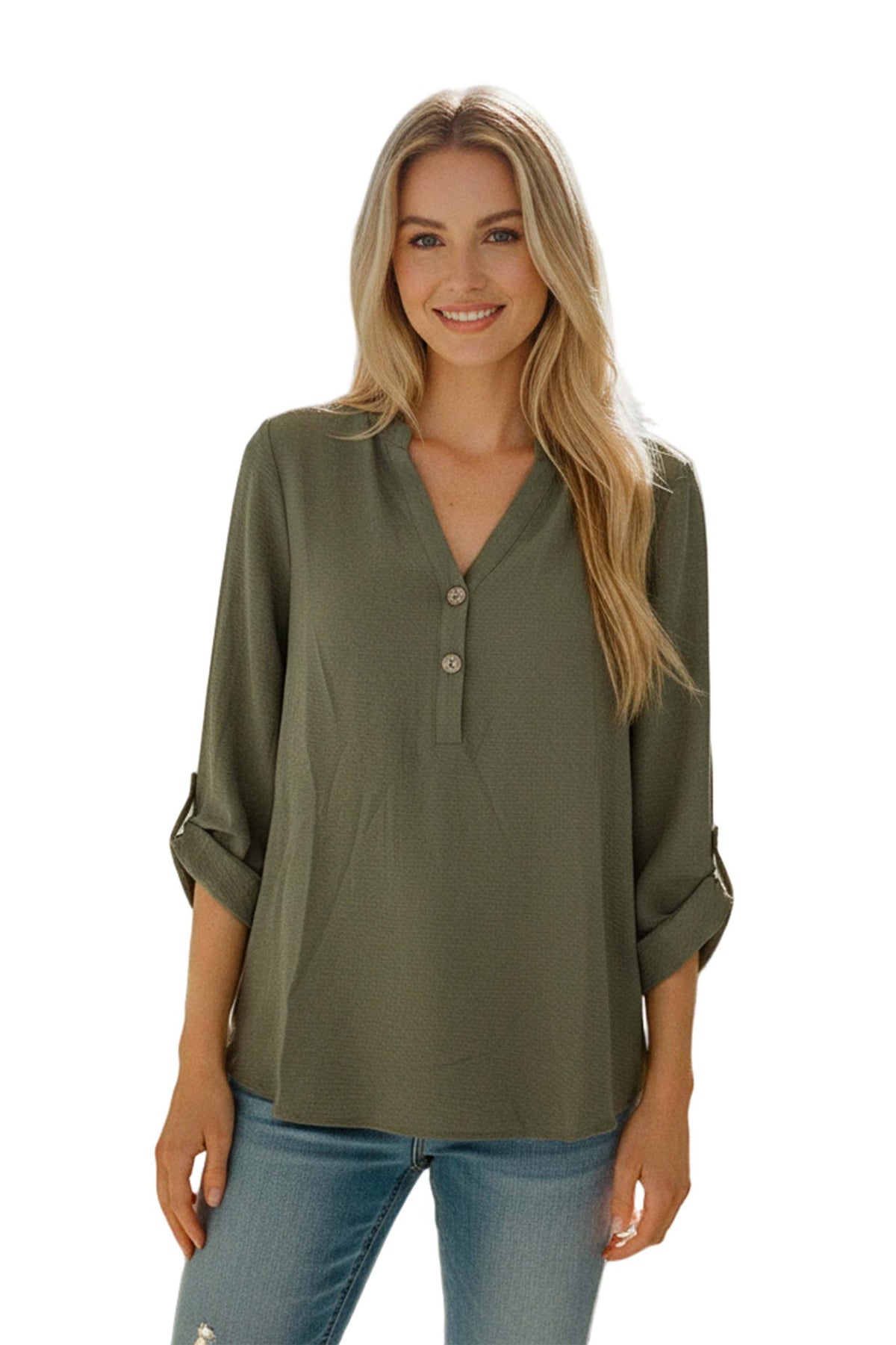 Women's V Neck Roll Up Sleeves Textured Button Detail Top