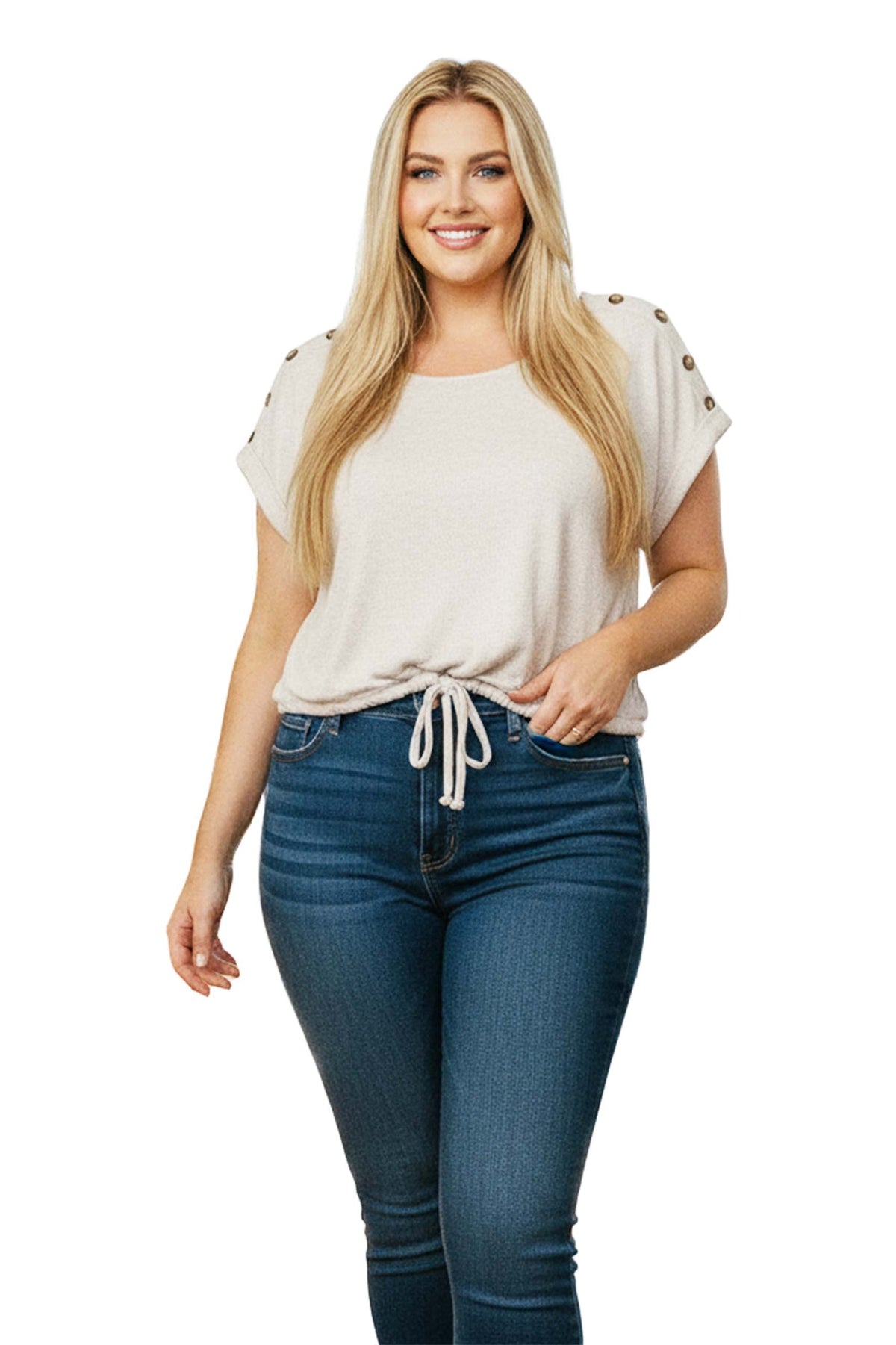 Women's Plus Short Sleeve Crew Neck Button Trim Textured Top