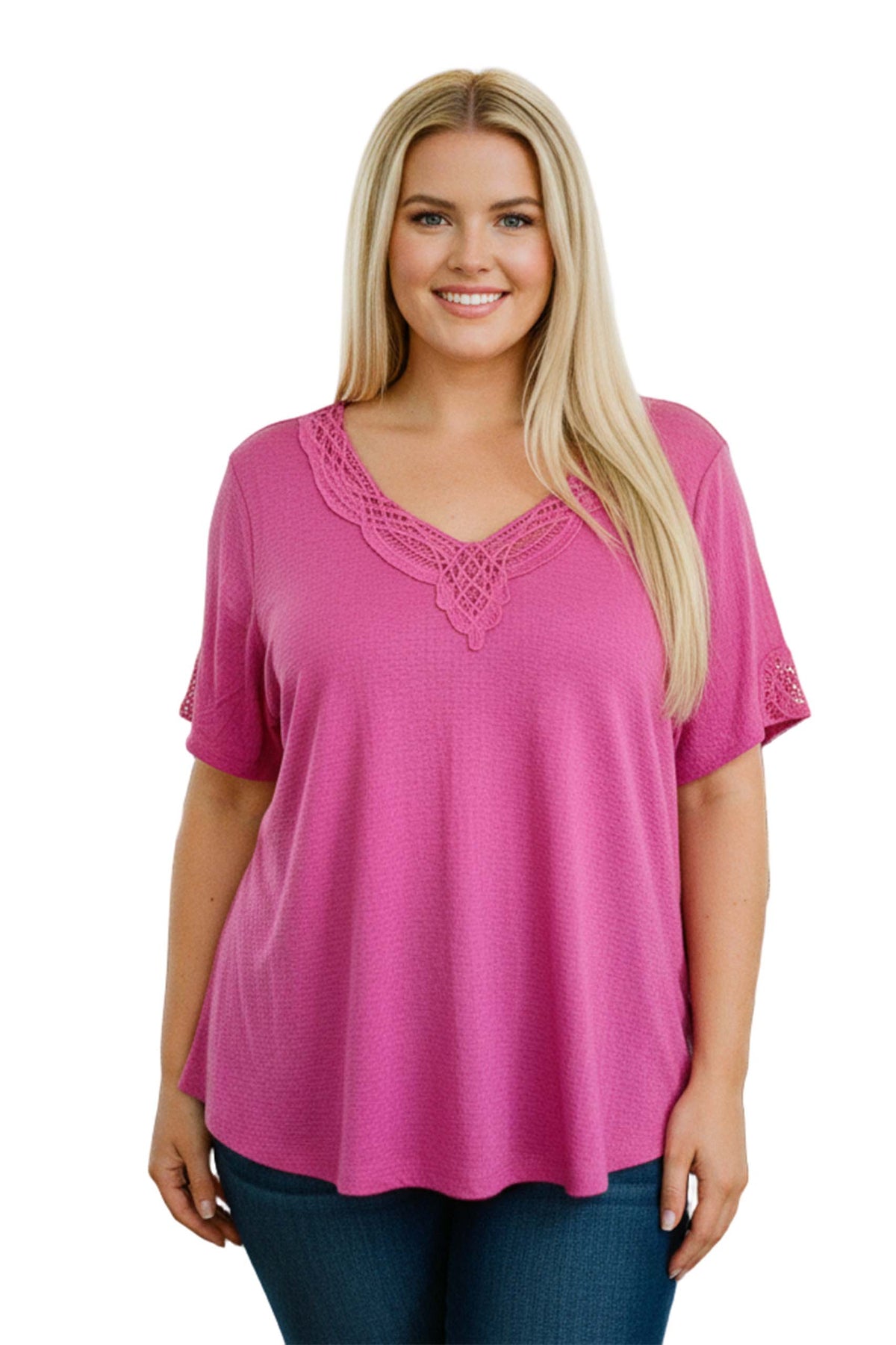 Women's Plus Short Sleeve Lace Embroidered Textured Top