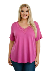 Women's Plus Short Sleeve Lace Embroidered Textured Top