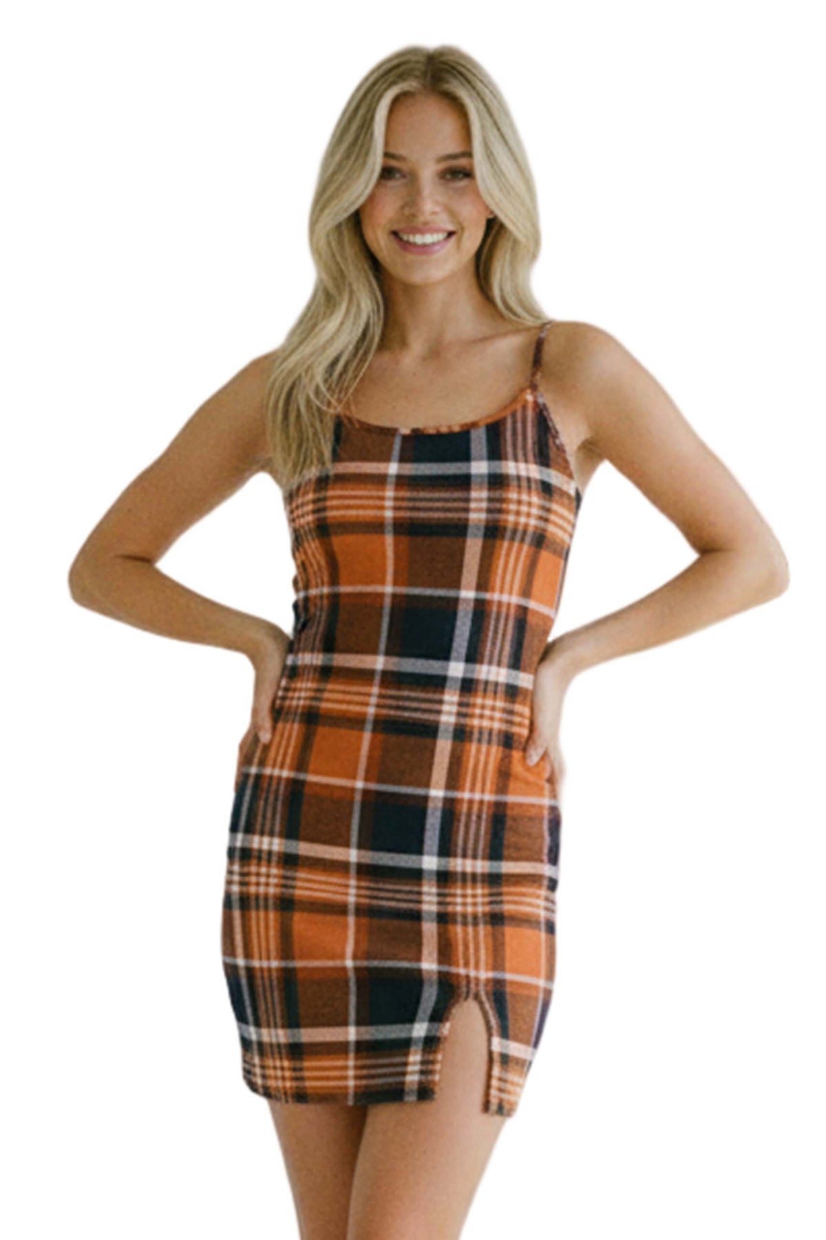 Women's Sleeveless Spaghetti Strap Side Slit Plaid Mini Dress