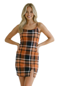 Women's Sleeveless Spaghetti Strap Side Slit Plaid Mini Dress