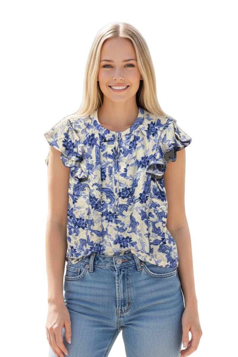 Women's Flutter Sleeve Split Neck Tie Front Floral Top