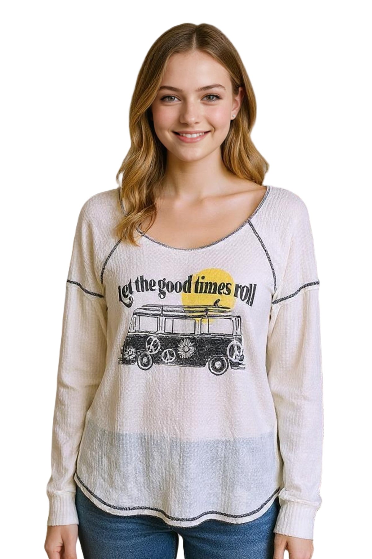 Women's Long Sleeve Raglan Waffle Graphic Flowy Top