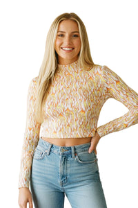Women's Long Sleeves Mock Neck Printed Crop Top