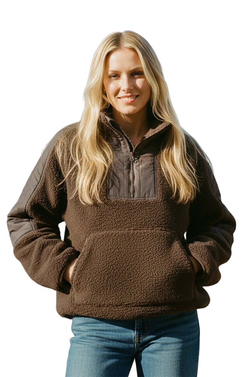 Women's Long Sleeve Teddy Fleece Quarter Zip Sweater