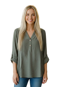 Women's V Neck Roll Up Sleeves Textured Button Detail Top