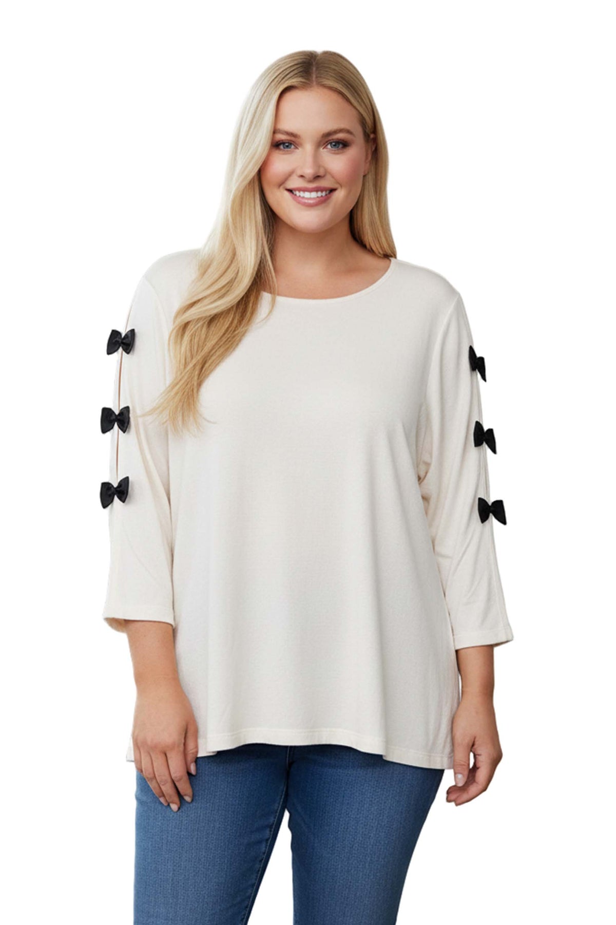 Women's Plus Long Sleeves Ribbon Detail Knit Top