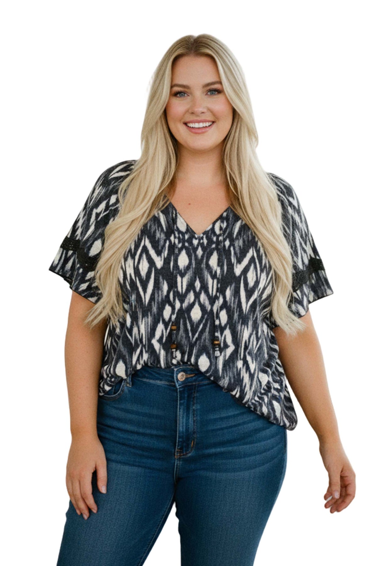 Women's Plus Short Sleeve Drawstring V Neck Print Lace Trim Top