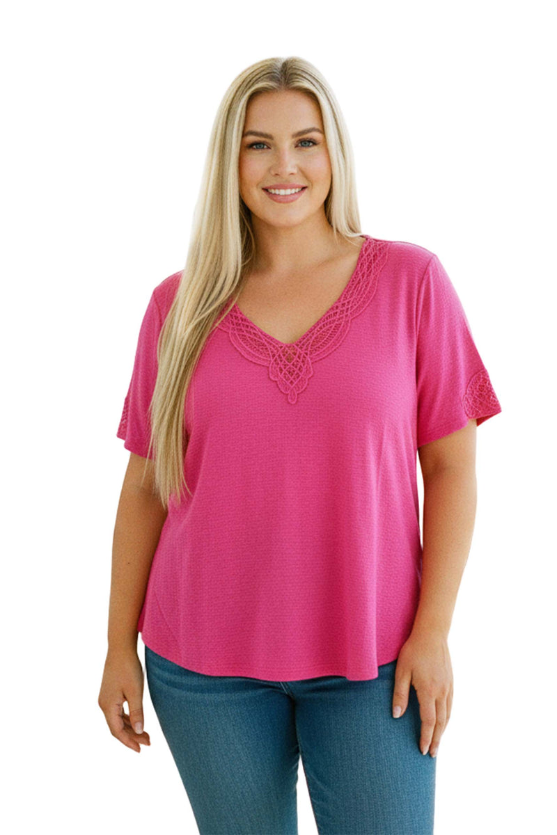 Women's Plus Short Sleeve Lace Embroidered Textured Top