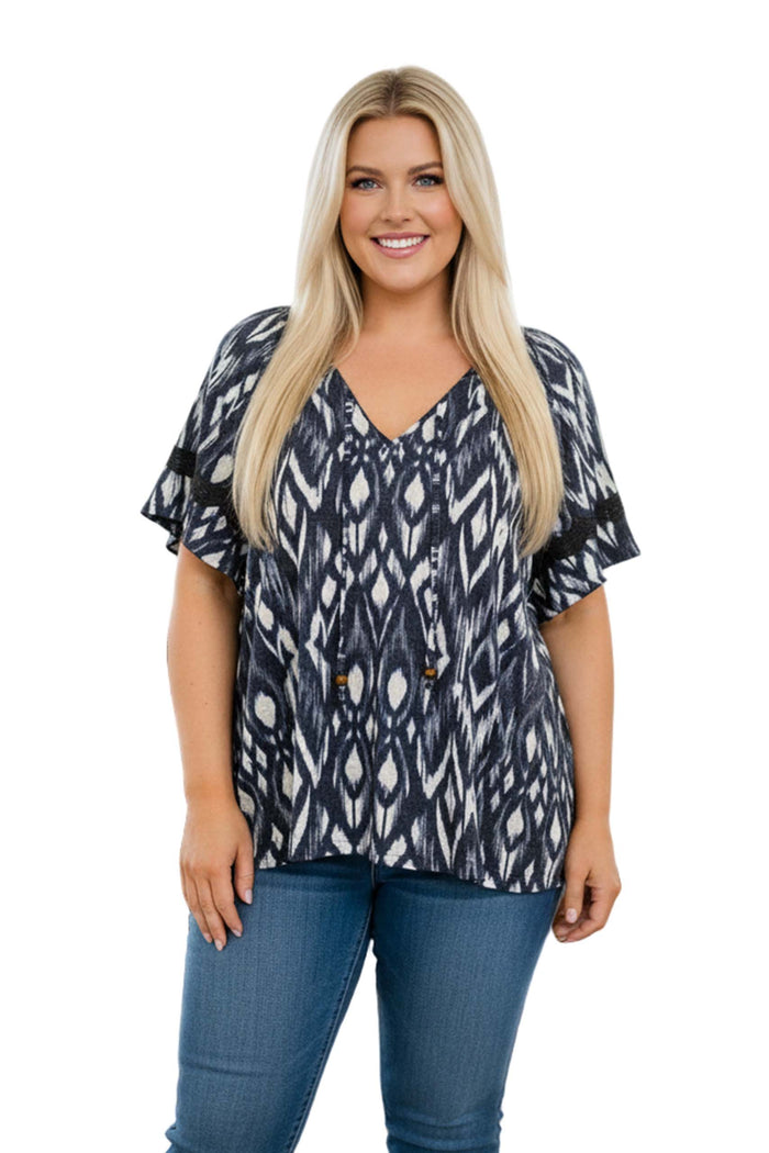 Women's Plus Short Sleeve Drawstring V Neck Print Lace Trim Top