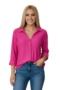 Women's Roll Up Sleeves Textured Button Down Top