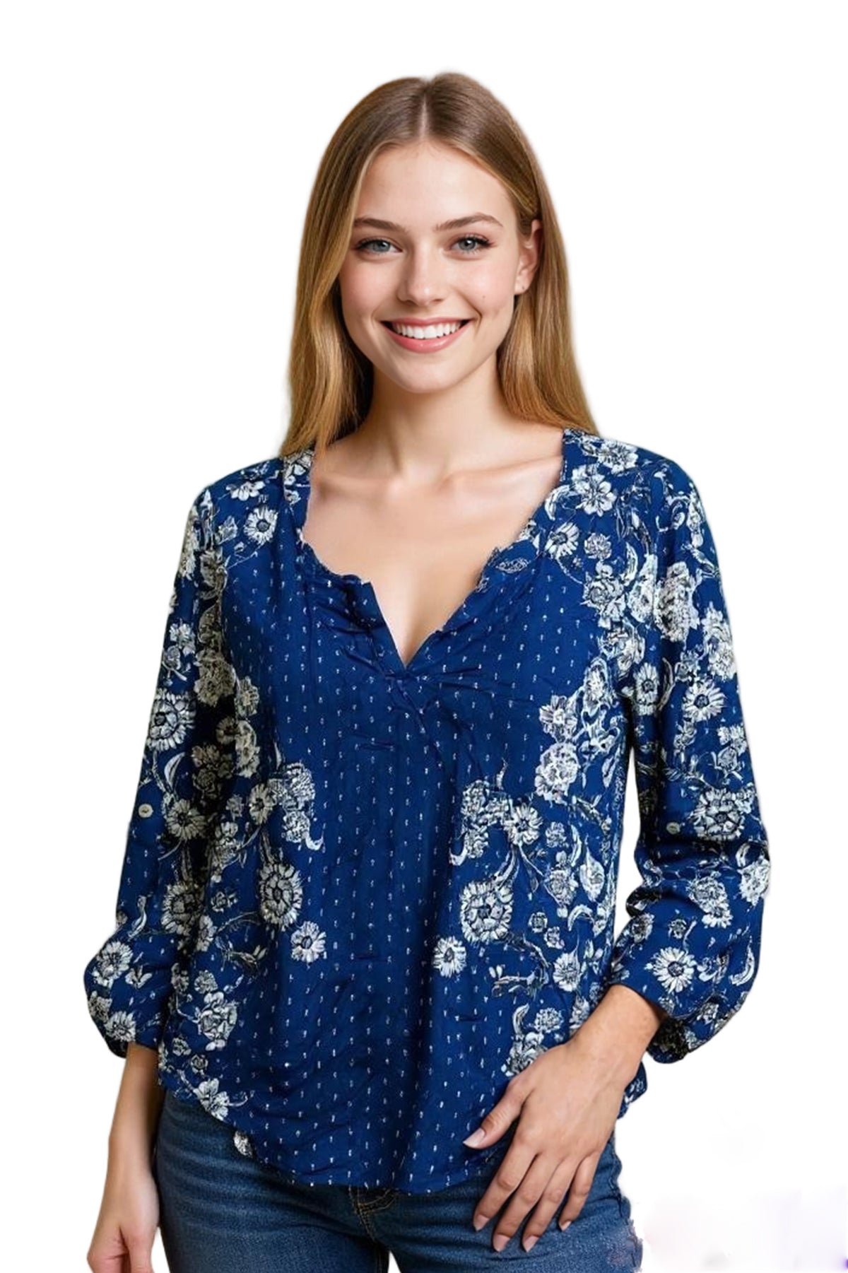 Women's  3/4 Sleeve Split Neck Floral Top