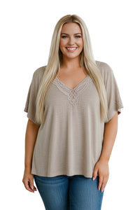 Women's Plus Short Sleeve Lace Embroidered Textured Top