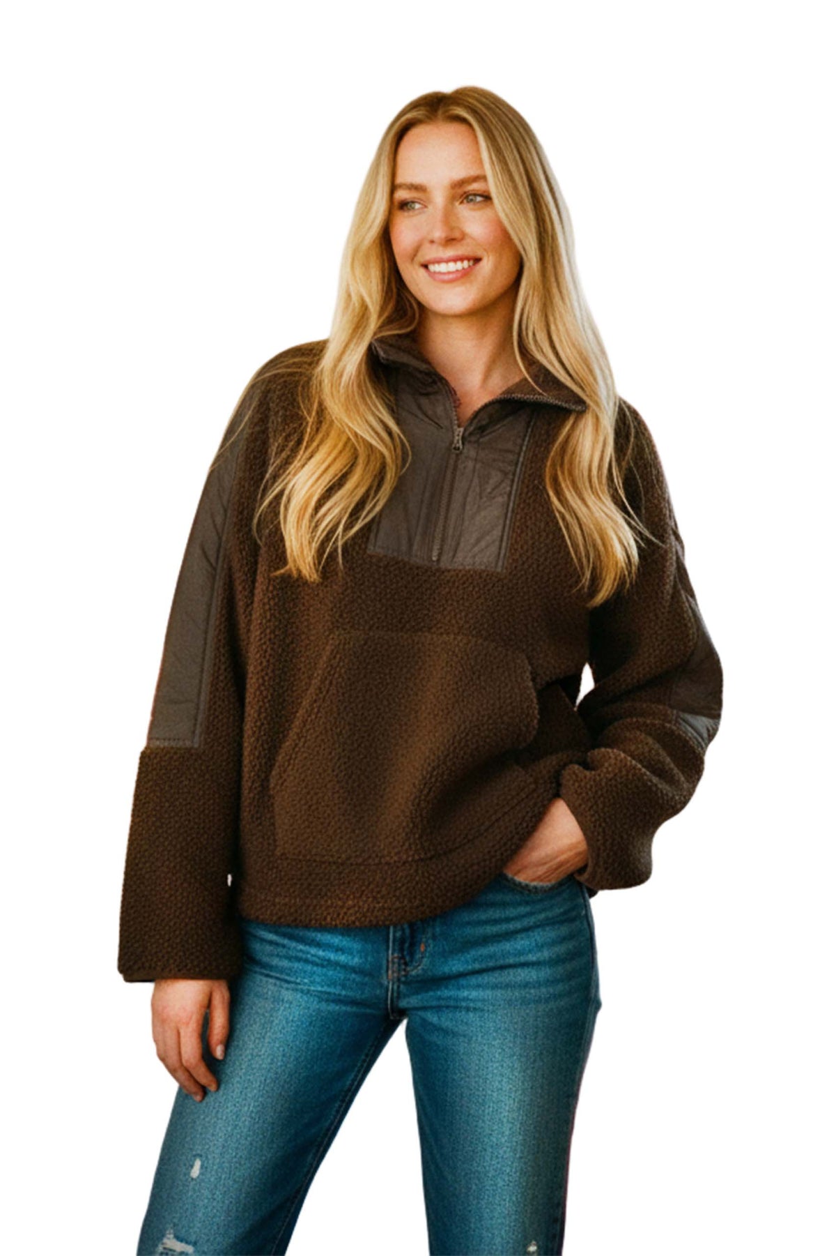 Women's Long Sleeve Teddy Fleece Quarter Zip Sweater