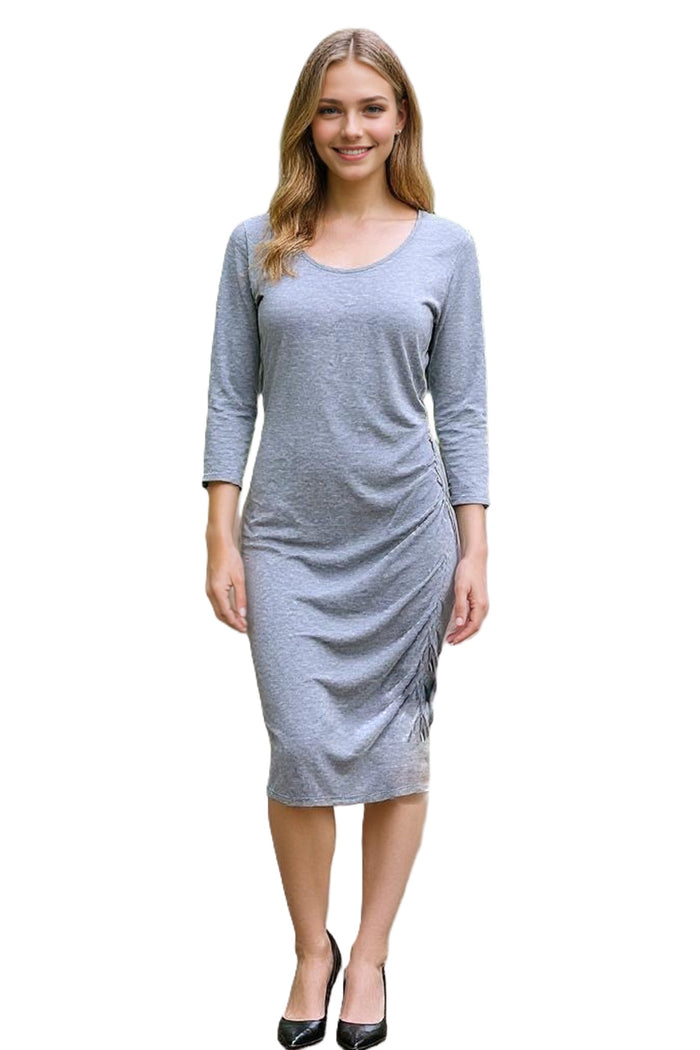 Women's 3/4 Sleeve Side Ruched Hacci Midi Dress