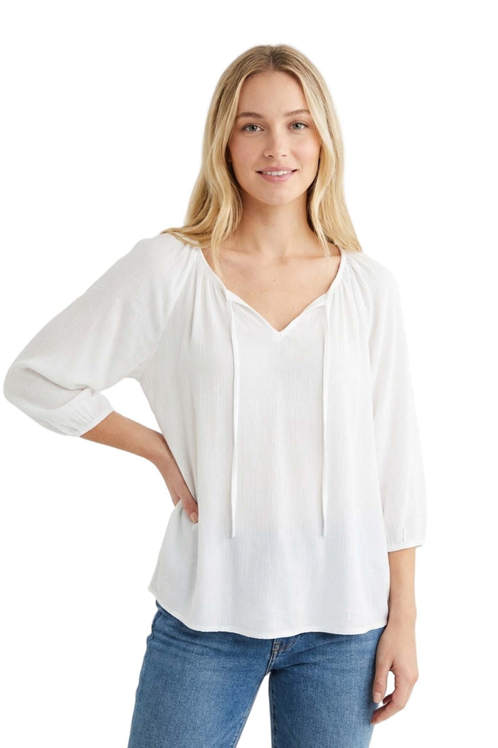 Women's 3/4 Sleeve Tie-Neck Cutwork Top