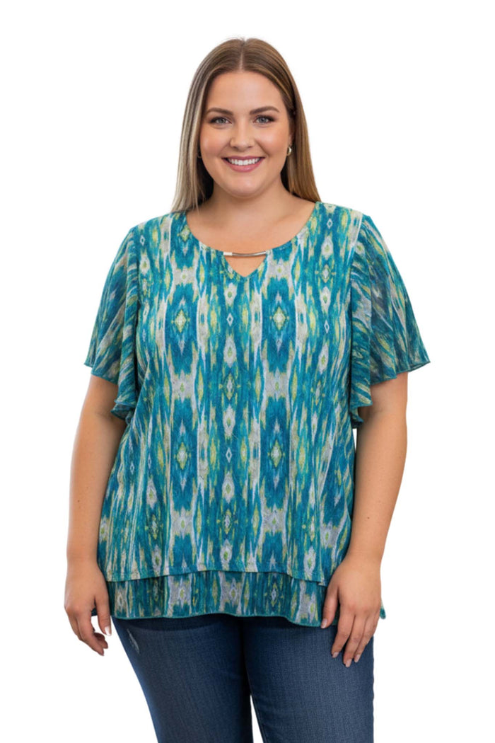 Women's Plus Short Sleeve Patterned Layer Tribal Blouse