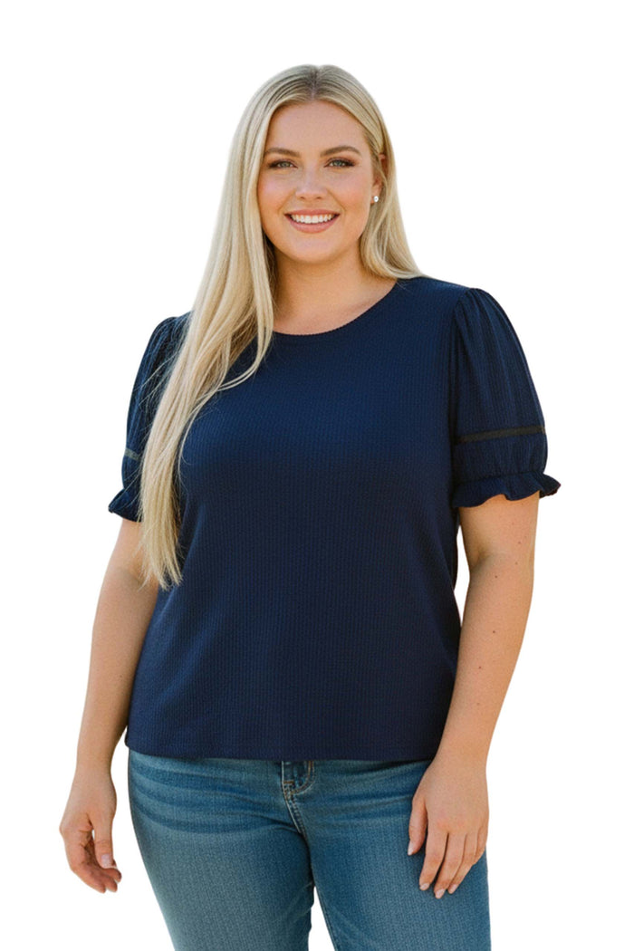 Women's Plus Short Puff Sleeve Ribbed Frilled Trim Knit Top