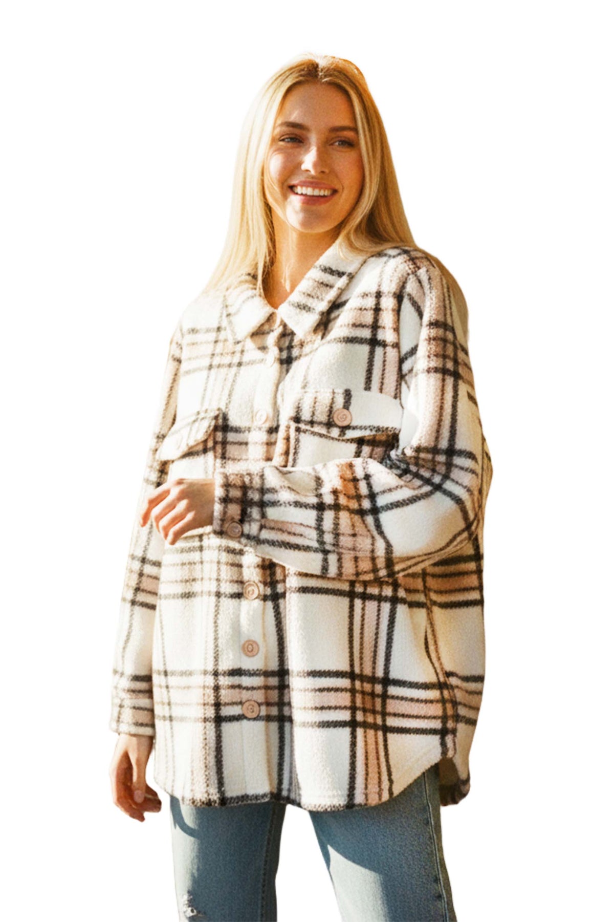 Women's Long Sleeve Button Down Pocket Fleece Plaid Shacket