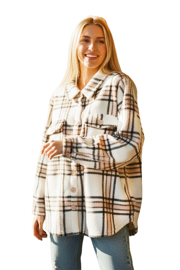 Women's Long Sleeve Button Down Pocket Fleece Plaid Shacket