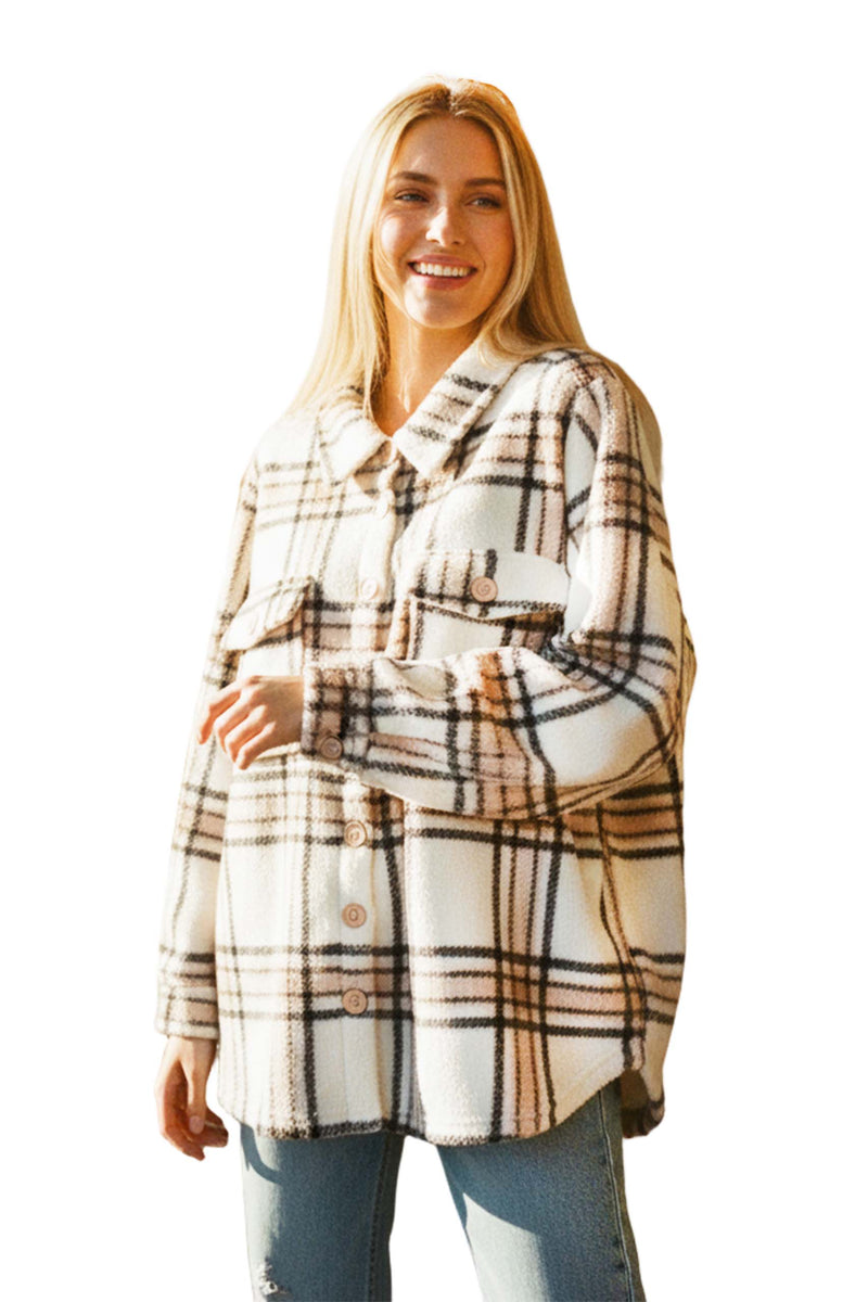 Women's Long Sleeve Button Down Pocket Fleece Plaid Shacket