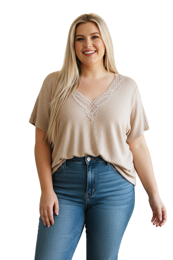 Women's Plus Short Sleeve Lace Embroidered Textured Top