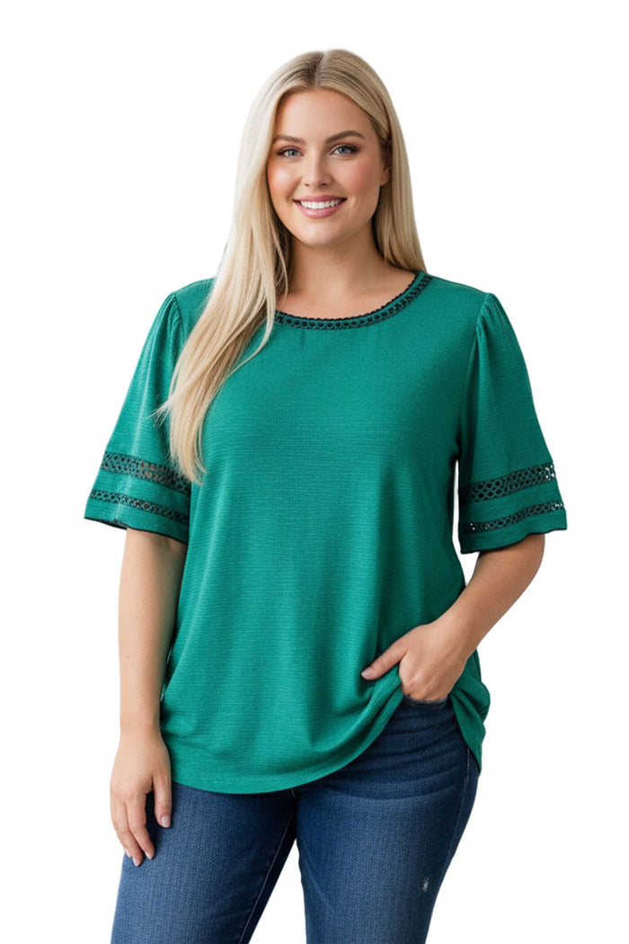 Women's Plus Short Sleeve Crew Neck Print Lace Trim Textured Top
