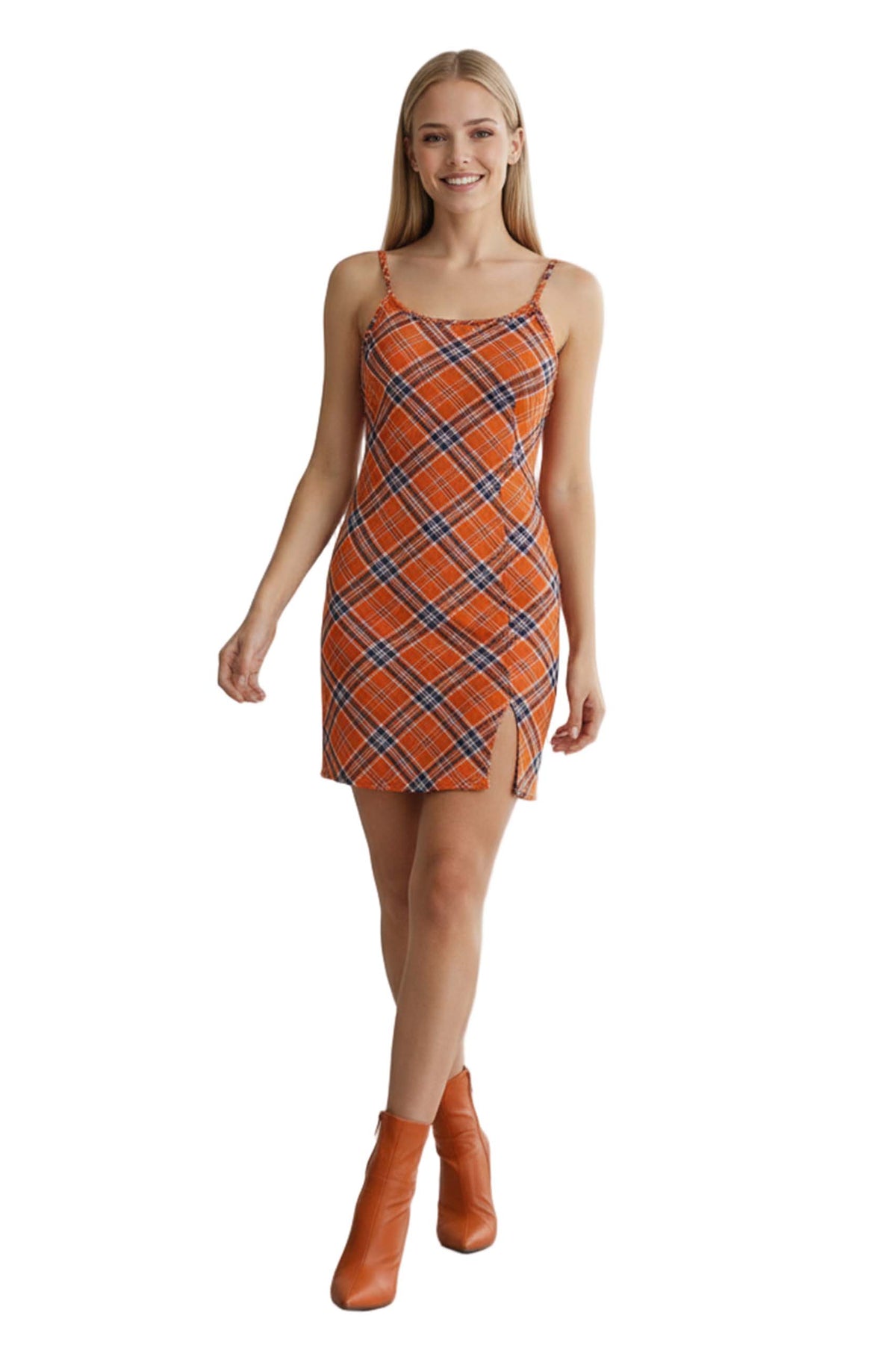 Women's Sleeveless Spaghetti Strap Side Slit Plaid Mini Dress