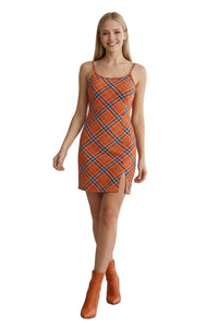 Women's Sleeveless Spaghetti Strap Side Slit Plaid Mini Dress