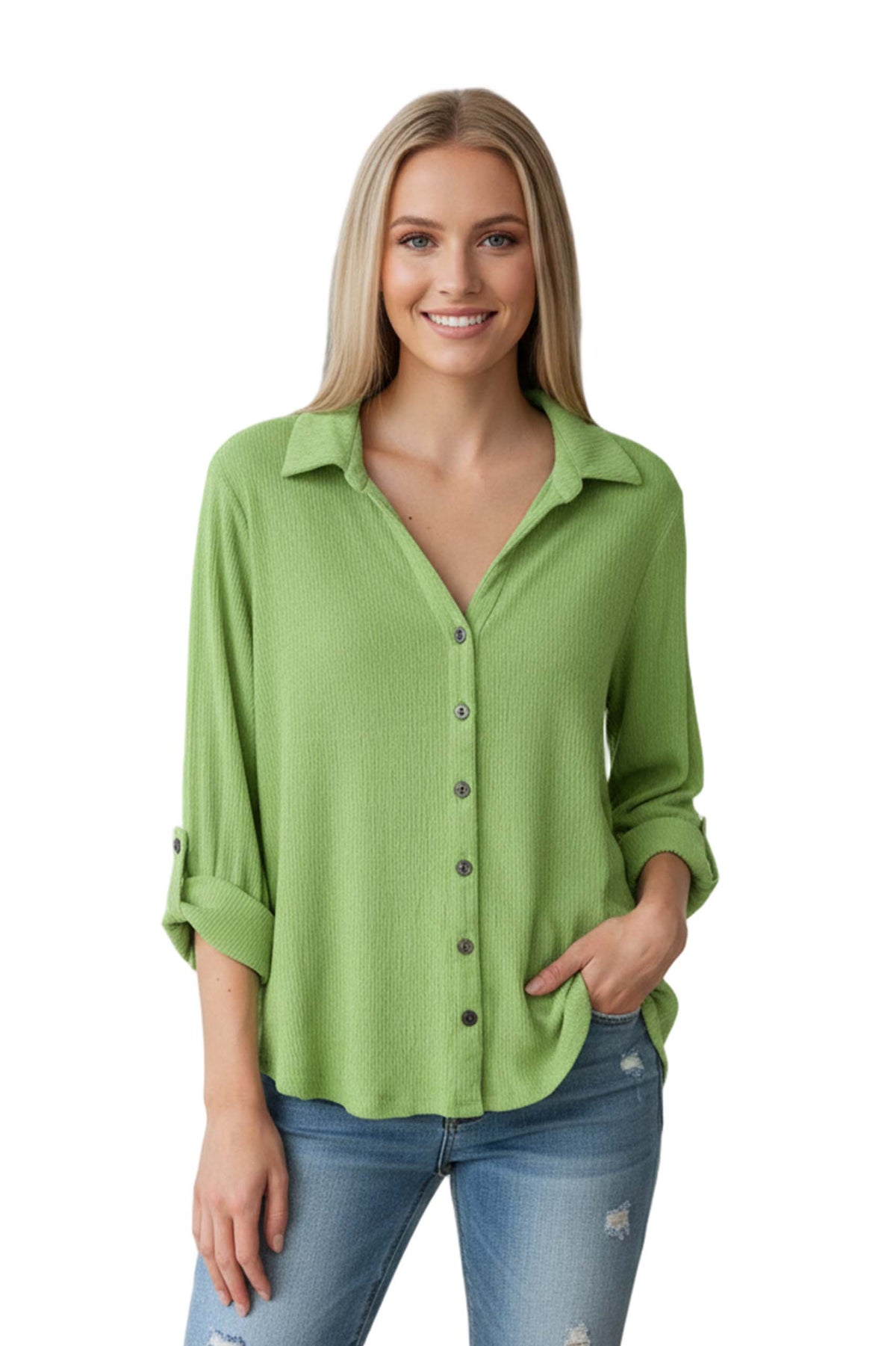 Women's Roll Up Sleeves Textured Button Down Top