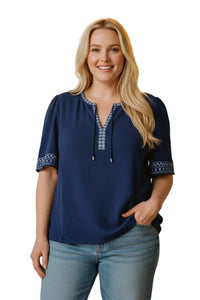 Women's Plus Short Sleeve Drawstring Lace Embroidered Trim Blouse