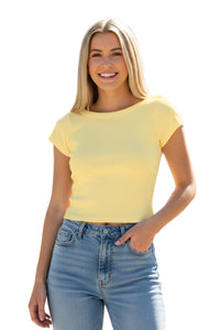 Women's Short Sleeve Boat Neck Ribbed Solid Top