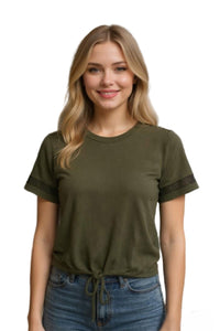 Women's Lace Short Sleeve Drawstring Hem Ribbed Top