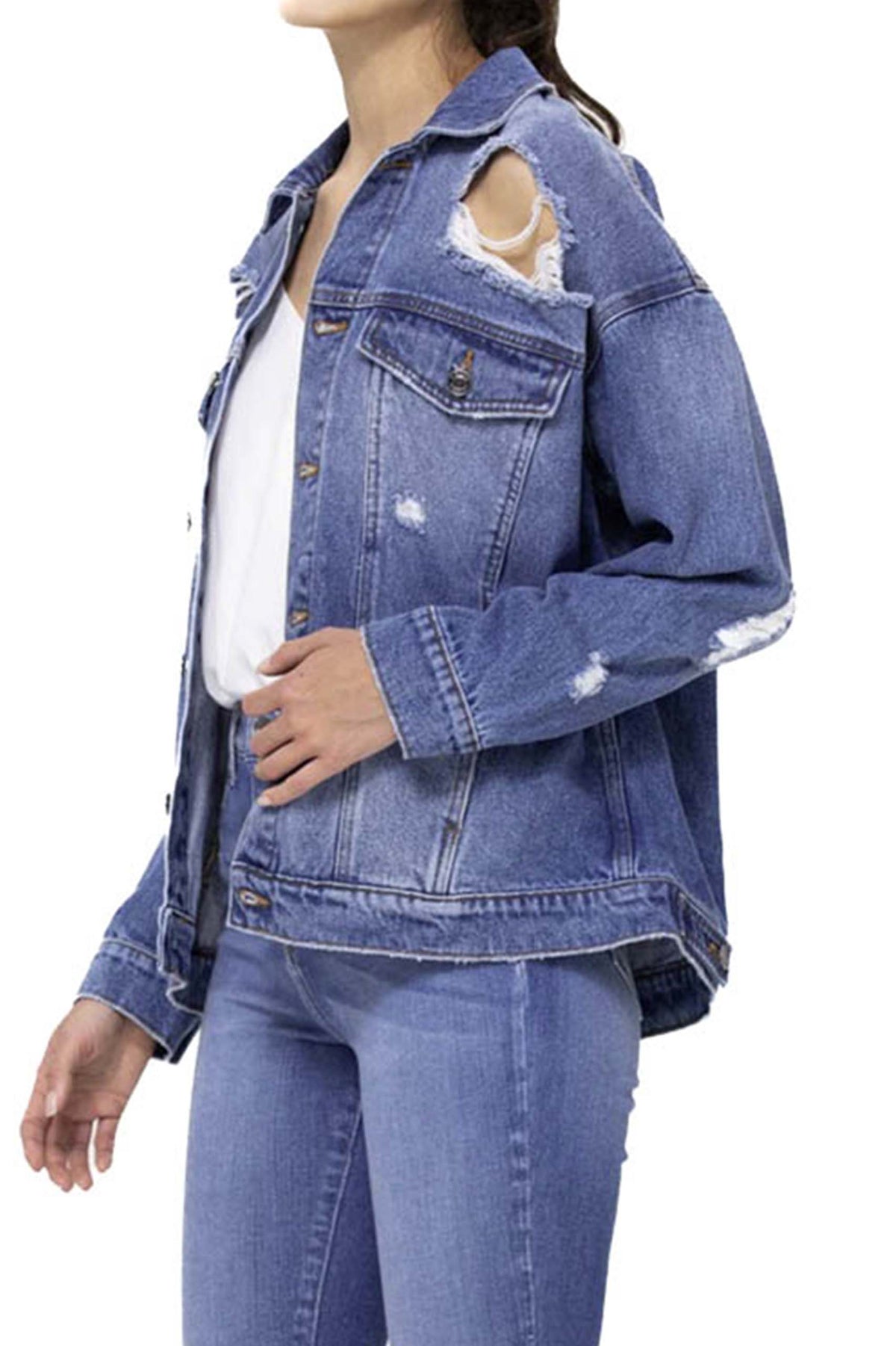 Women's Long Sleeve Oversized Distressed Denim Jacket