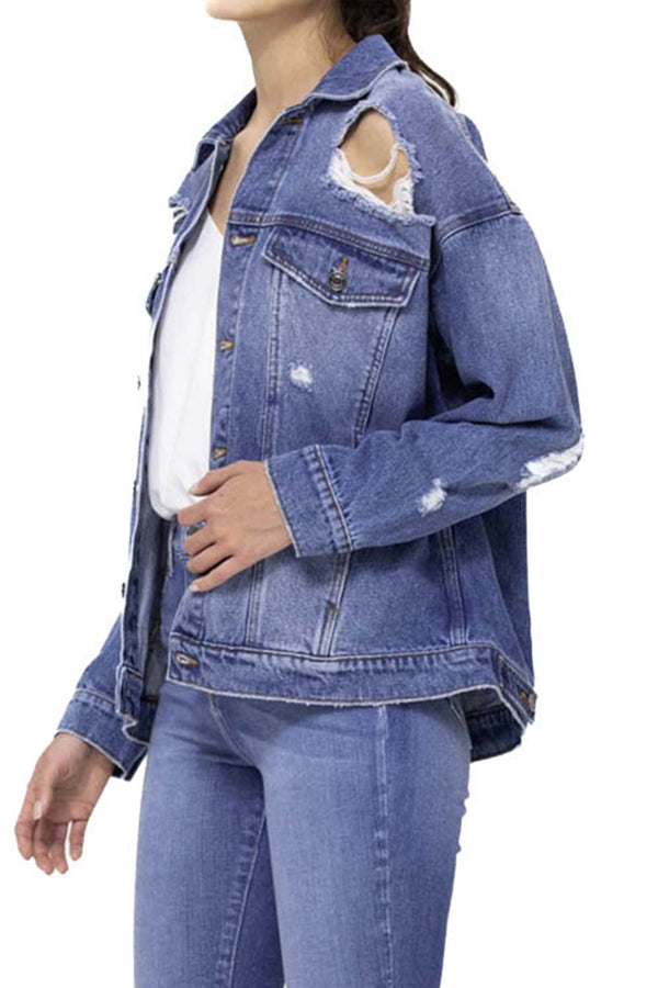 Women's Long Sleeve Oversized Distressed Denim Jacket