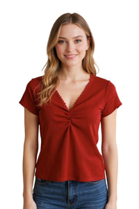 Women's Short Sleeve Lace V-Neck Ribbed Crop Top