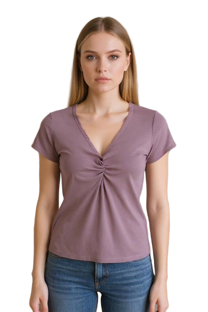 Women's Short Sleeve Lace V-Neck Ribbed Crop Top